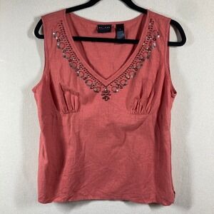 Axcess Linen Blend Top Sz 14 Terra Cotta Babydoll‎ Beaded V-Neck Casual Western